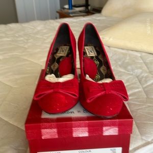 EUC Miss L Fire Gabrielle Red Suede & Crystal Heels